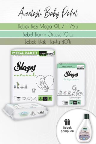 Sleepy Natural Bez 7(20-30kg) 76 Adet, Bakım Örtüsü 10'lu, Natural Yenidoğan 40'lı ve Baby Şampuan 275 ml
