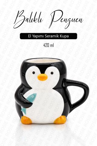 Penguen Figürlü El Yapımı Seramik Kupa, Mug, 420 ml