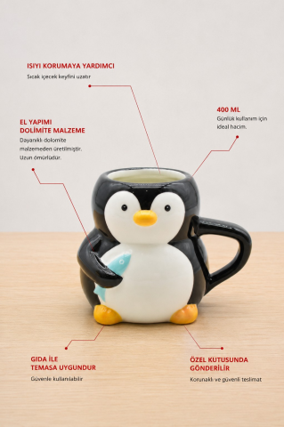 Penguen Figürlü El Yapımı Seramik Kupa, Mug, 420 ml