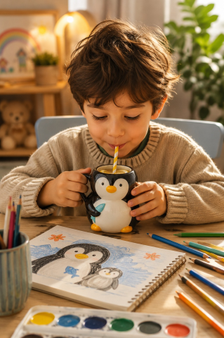Penguen Figürlü El Yapımı Seramik Kupa, Mug, 420 ml