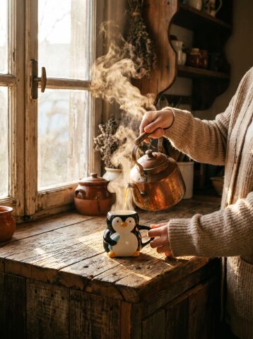 Penguen Figürlü El Yapımı Seramik Kupa, Mug, 420 ml