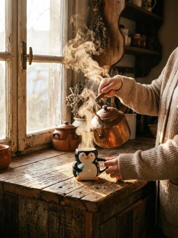 Penguen Figürlü El Yapımı Seramik Kupa, Mug, 420 ml