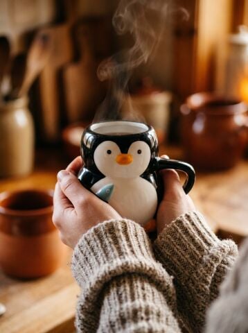 Penguen Figürlü El Yapımı Seramik Kupa, Mug, 420 ml