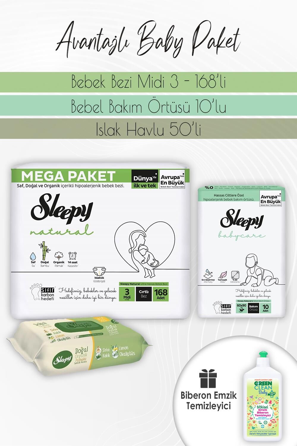 Sleepy Natural Bez 3 (4-9kg) 168 Adet, Bakım Örtüsü 10'lu, Doğal Organik 50'li ve Biberon Temizleyici 500 ml