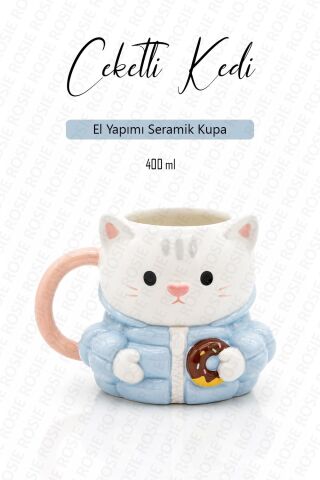 Ceketli Kedi Figürlü Kupa, El Yapımı, Kahve Kupası, Mug, 400 ml