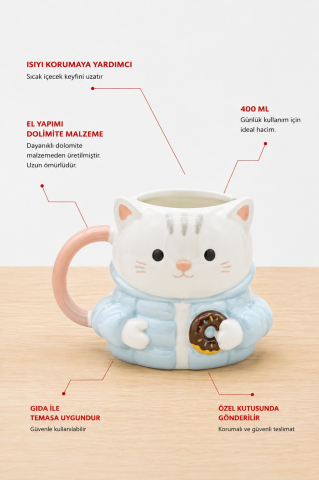 Ceketli Kedi Figürlü Kupa, El Yapımı, Kahve Kupası, Mug, 400 ml