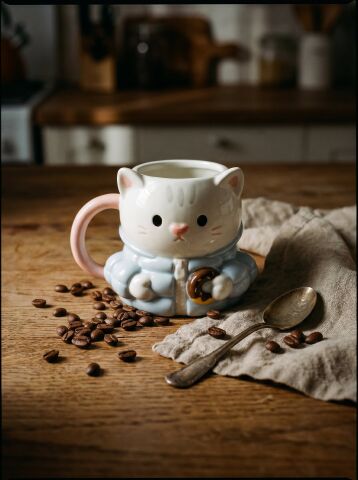 Ceketli Kedi Figürlü Kupa, El Yapımı, Kahve Kupası, Mug, 400 ml