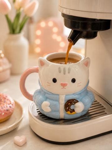 Ceketli Kedi Figürlü Kupa, El Yapımı, Kahve Kupası, Mug, 400 ml