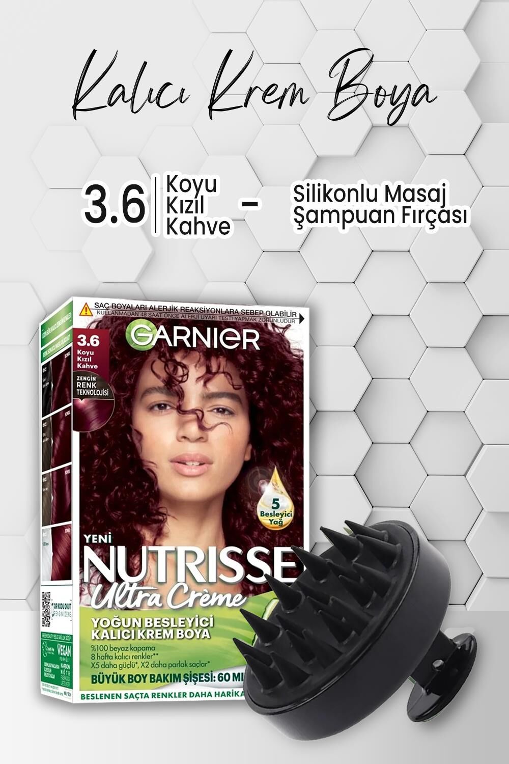 Garnier Nutrisse Krem Saç Boyası 3.6 Koyu Kızıl Kahve ve Şampuan Fırçası Siyah