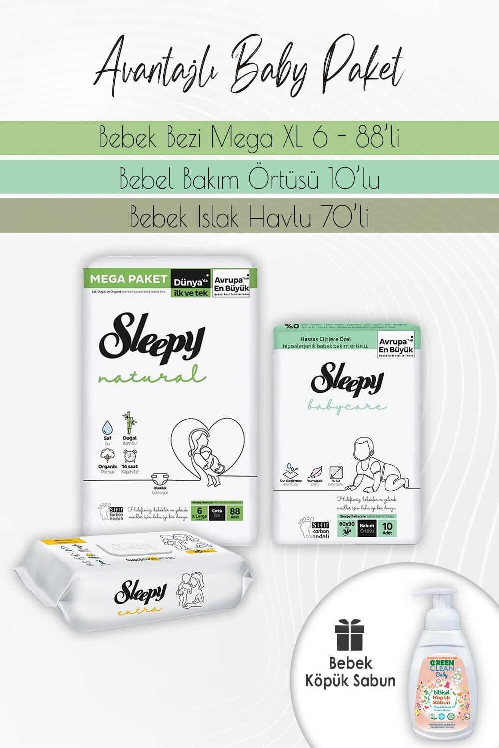 Sleepy Natural Bez 6 (15-25kg) 88 Adet, Bakım Örtüsü 10'lu, Extra Islak 70'li ve Baby Köpük Sabun 450 ml