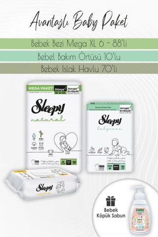 Sleepy Natural Bez 6 (15-25kg) 88 Adet, Bakım Örtüsü 10'lu, Extra Islak 70'li ve Baby Köpük Sabun 450 ml