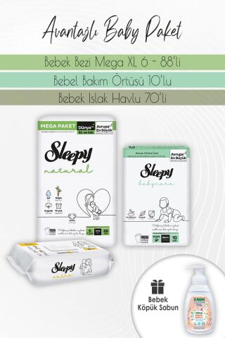 Sleepy Natural Bez 6 (15-25kg) 88 Adet, Bakım Örtüsü 10'lu, Extra Islak 70'li ve Baby Köpük Sabun 450 ml