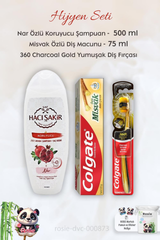 Colgate Misvak Özlü Diş Macunu 75 ml, 360 Charcoal Gold Diş Fırçası, H. Şakir Narlı Şampuan 500 ml ve ROSIE
