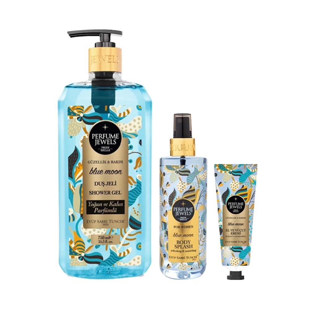 Eyüp Sabri Tuncer Blue Moon Duş Jeli 750 ml, Blue Moon Vücut Spreyi 250 ml,  Perfume Jewels Blue Moon El ve Vücut Kremi 50 ml