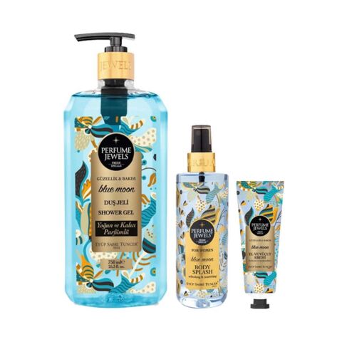 Eyüp Sabri Tuncer Blue Moon Duş Jeli 750 ml, Blue Moon Vücut Spreyi 250 ml,  Perfume Jewels Blue Moon El ve Vücut Kremi 50 ml