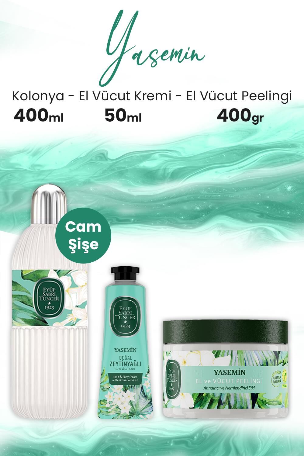 Eyüp Sabri Tuncer Vücut Peelingi Yasemin 400 gr, Kolonya Cam Şişe 400 ml ve Krem 50 ml