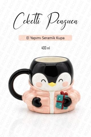 Penguen Figürlü Dolomite Kupa, Ceket Giyen Penguen, 400 ML Mug