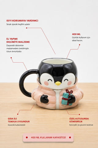 Penguen Figürlü Dolomite Kupa, Ceket Giyen Penguen, 400 ML Mug