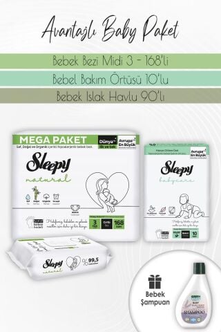 Sleepy Natural Bez 3 (4-9kg) 168 Adet, Bakım Örtüsü 10'lu, Natural Yenidoğan 90'lı ve Baby Şampuan 275 ml