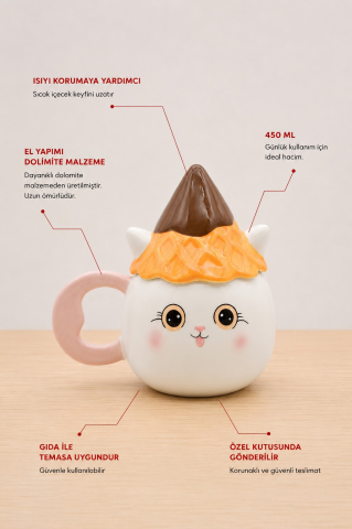Şapkalı Kedi Figürlü Dolomite Kupa, El Yapımı 450 ML Kapaklı Mug