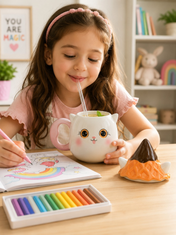 Şapkalı Kedi Figürlü Dolomite Kupa, El Yapımı 450 ML Kapaklı Mug