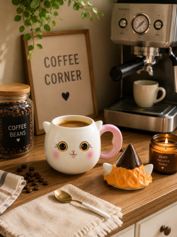Şapkalı Kedi Figürlü Dolomite Kupa, El Yapımı 450 ML Kapaklı Mug