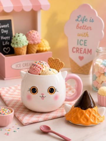 Şapkalı Kedi Figürlü Dolomite Kupa, El Yapımı 450 ML Kapaklı Mug