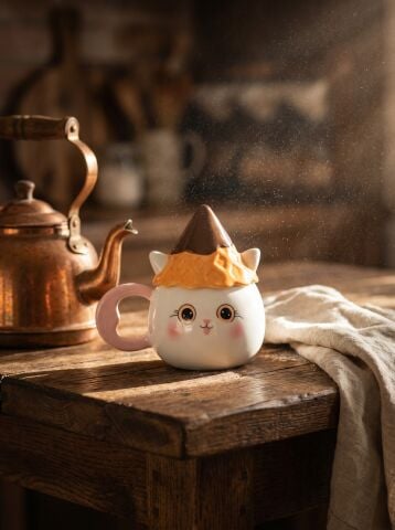 Şapkalı Kedi Figürlü Dolomite Kupa, El Yapımı 450 ML Kapaklı Mug