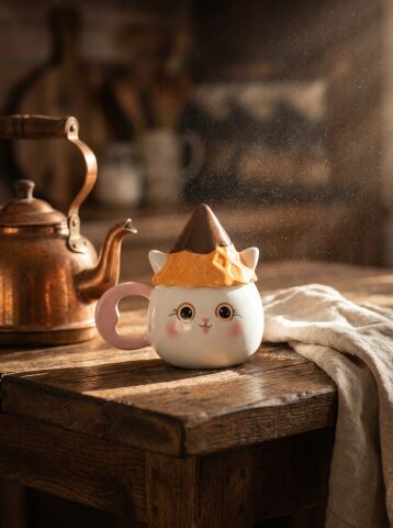 Şapkalı Kedi Figürlü Dolomite Kupa, El Yapımı 450 ML Kapaklı Mug