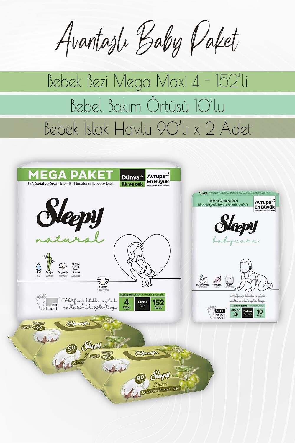 Sleepy Natural Bez 4 (7-14kg) 152 Adet, Bakım Örtüsü 10'lu, Zeytinyağlı Pamuklu 90 Yaprak x 2 Adet