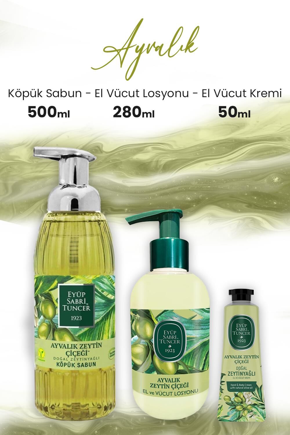 Eyüp Sabri Tuncer Ayvalık Zeytin Vücut Losyonu 280 ml, Köpük Sabun 500 ml ve Krem 50 ml