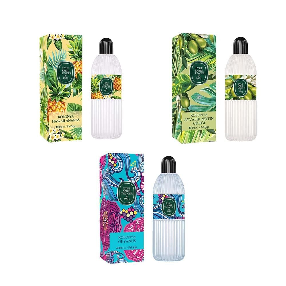 Eyüp Sabri Tuncer Kolonya Okyanus, Hawaii Ananas ve Ayvalık Zeytin Çiçeği Pet Şişe 400 ml