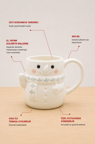 Kardan Adam Figürlü Seramik Kupa, Çay ve Kahve için Bardak 490 ml