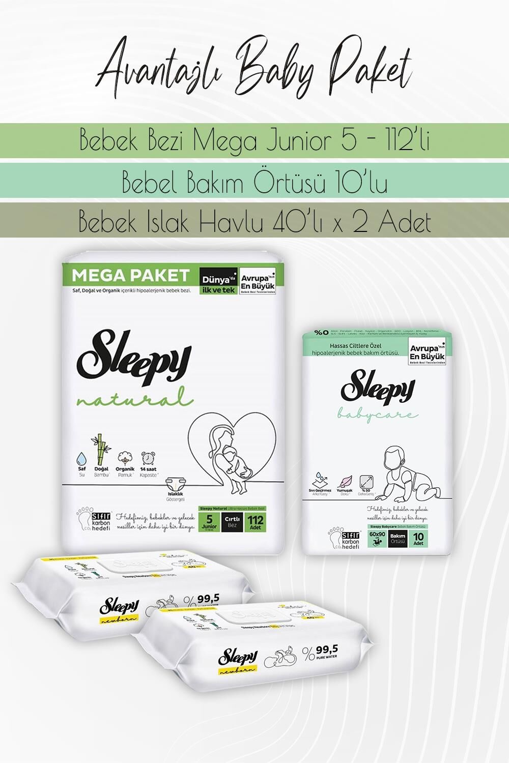 Sleepy Natural Bez 5 (11-18kg) 112 Adet, Bakım Örtüsü 10'lu, Yenidoğan Devam 40'lı x 2 Adet