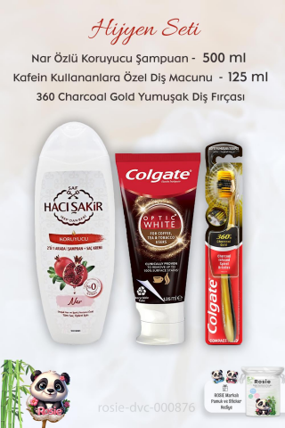 Colgate Kafein  Kullananlar İçin Diş Macunu 125 ml, 360 Charcoal Gold Diş Fırçası, H. Şakir Narlı Şampuan 500 ml ve ROSIE