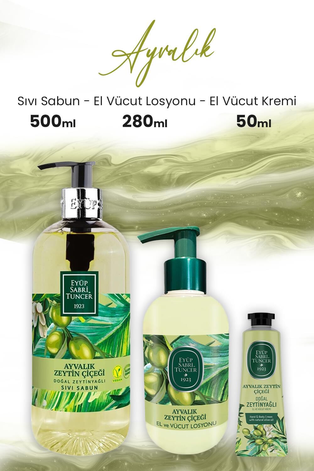 Eyüp Sabri Tuncer Ayvalık Zeytin Vücut Losyonu 280 ml, Sıvı Sabun 500 ml ve Krem 50 ml