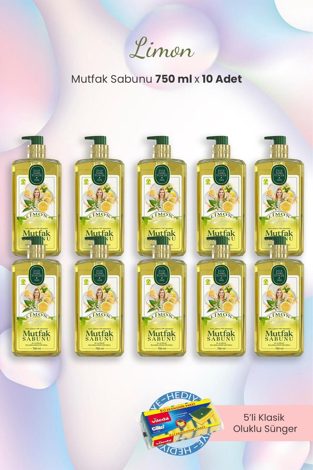 Eyüp Sabri Tuncer Limonlu Mutfak Sabunu 750 ml x 10 Adet ve Bulaşık Süngeri