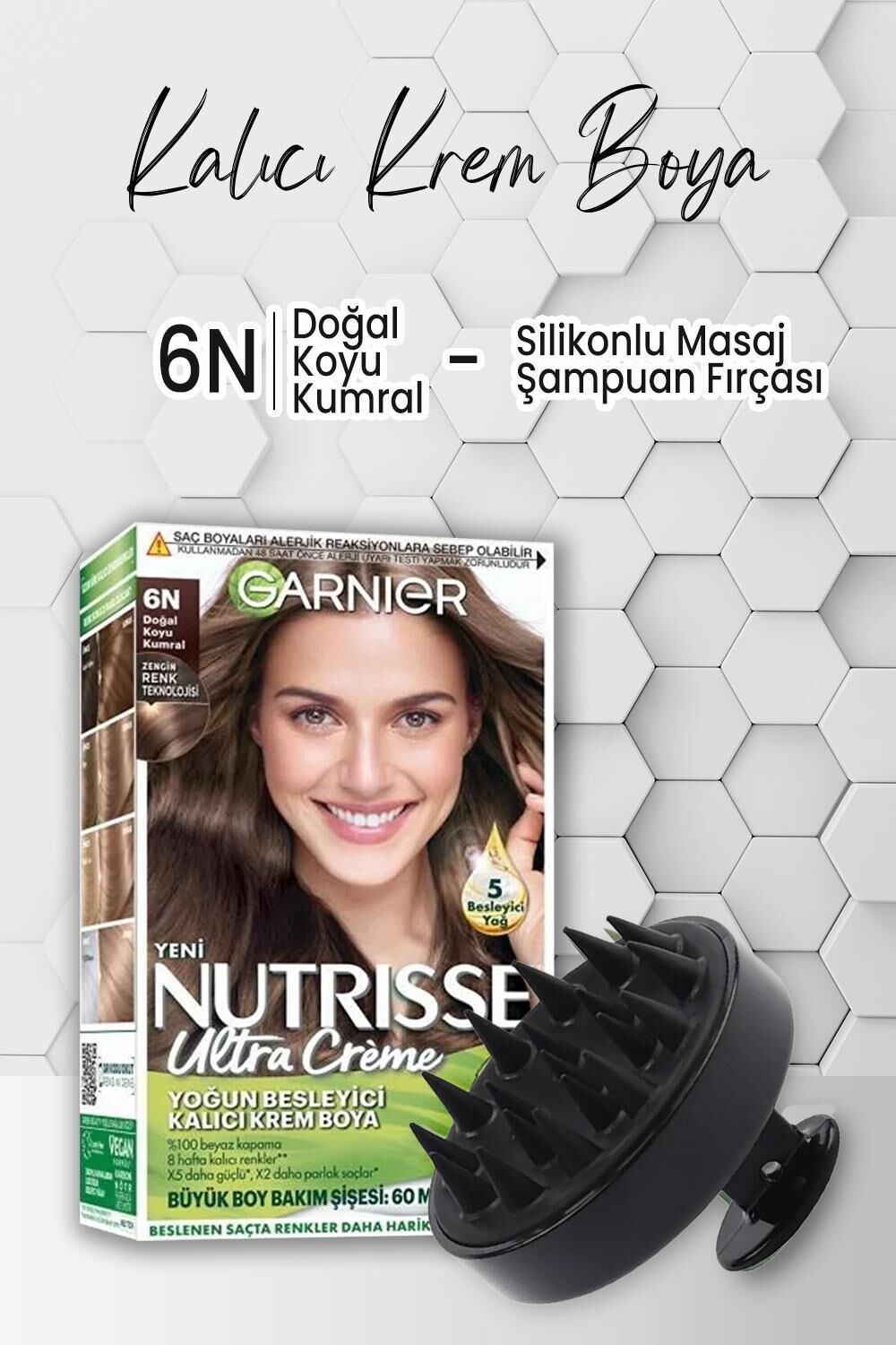 Garnier Nutrisse Krem Saç Boyası 6N Doğal Koyu Kumral ve Şampuan Fırçası Siyah