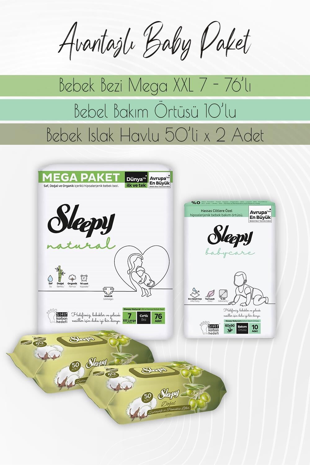 Sleepy Natural Bez 7 (20-30kg) 76 Adet, Bakım Örtüsü 10'lu, Zeytinyağlı Pamuklu 50 Yaprak x 2 Adet