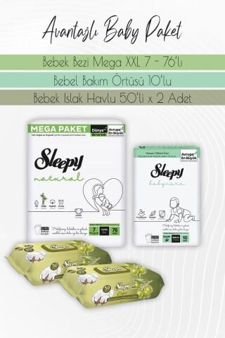 Sleepy Natural Bez 7 (20-30kg) 76 Adet, Bakım Örtüsü 10'lu, Zeytinyağlı Pamuklu 50 Yaprak x 2 Adet