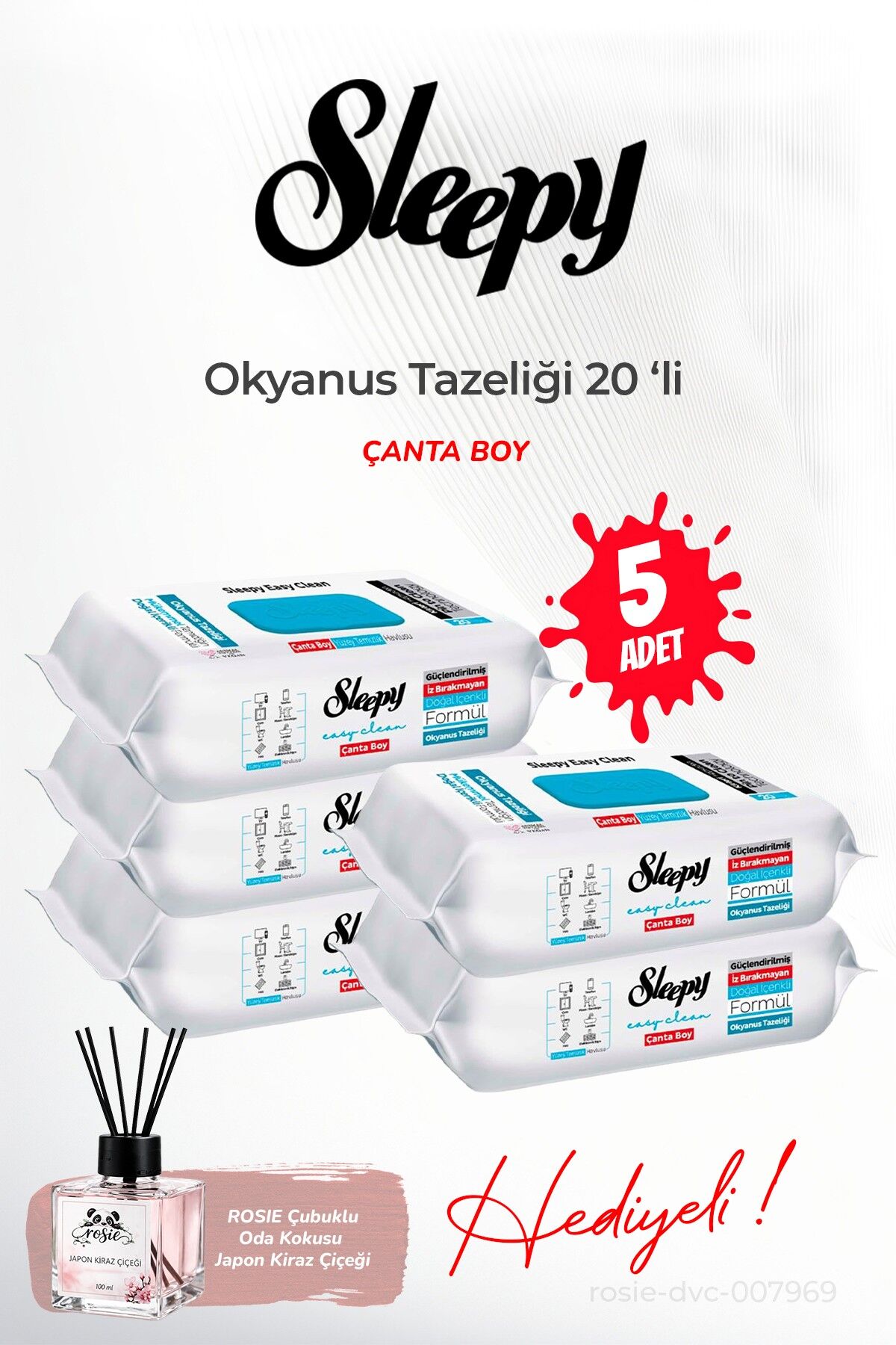 Sleepy Çanta Boy (5 paket x 20 yaprak) Okyanus Tazeliği ve ROSIE oda kokusu