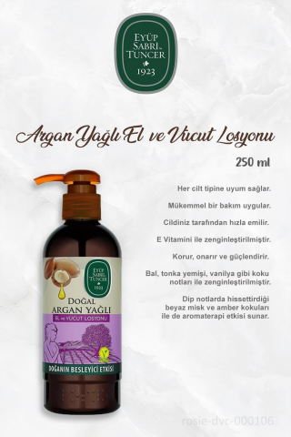 3 Adet Eyüp Sabri Tuncer Vücut Losyonu Argan 250 ml ve 60'lı %100 Pamuk ROSIE