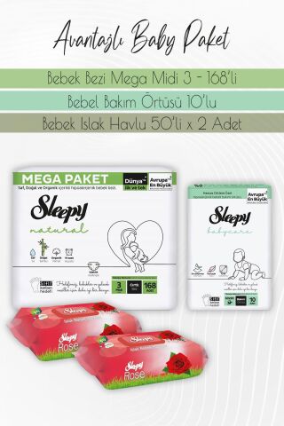 Sleepy Natural Bez 3 (4-9kg) 168 Adet, Bakım Örtüsü 10'lu, Gül 50 Yaprak x 2 Adet