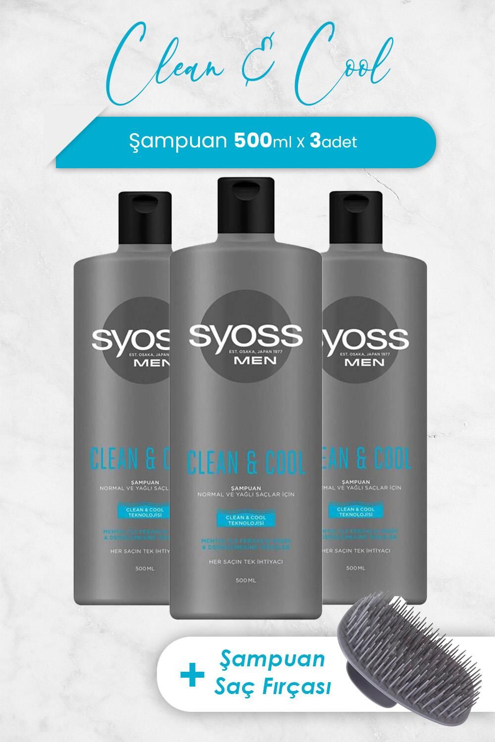 Syoss Men Clean & Cool Şampuan 500 ml x 3 Adet ve Şampuan Fırçası