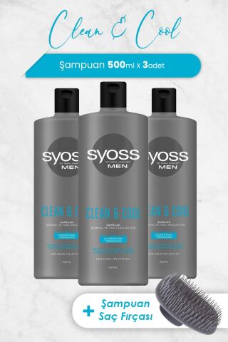 Syoss Men Clean & Cool Şampuan 500 ml x 3 Adet ve Şampuan Fırçası