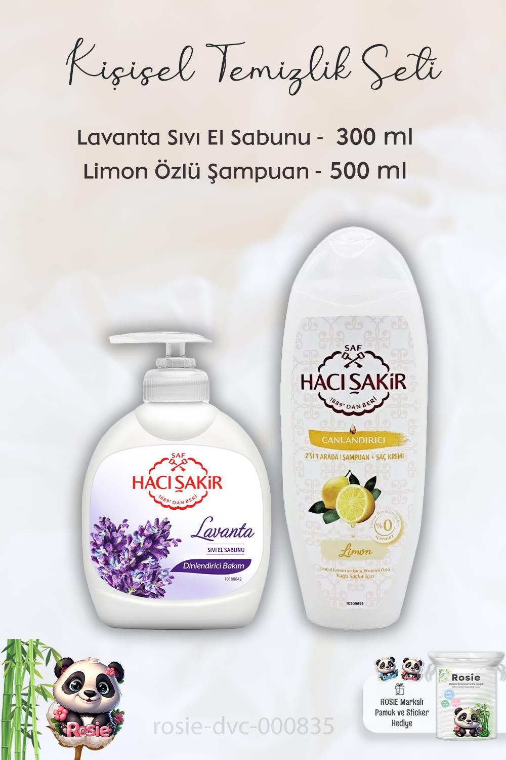 Hacı Şakir Lavanta Dinlendirici Sıvı Sabun 300 ml, Limonlu Şampuan 500 ml ve ROSIE