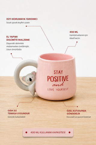 Koala Figürlü Dolomite Kupa Mug, 400 ml
