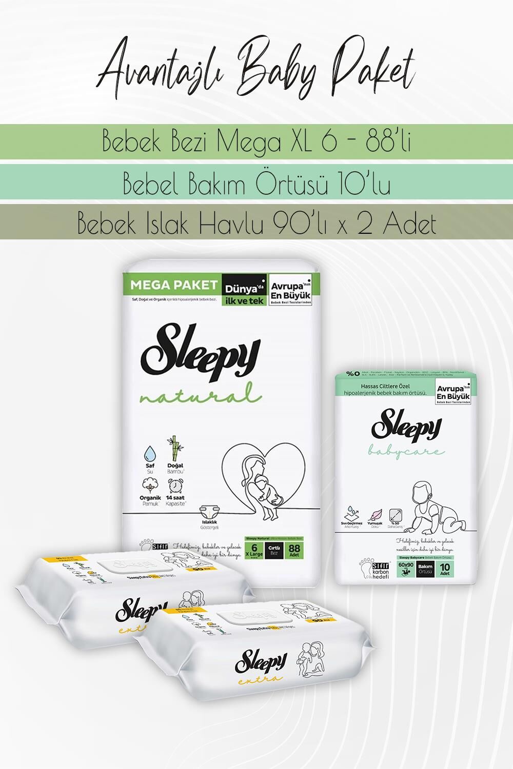 Sleepy Natural Bez 6 (15-25kg) 88 Adet, Bakım Örtüsü 10'lu, Extra Islak  90 Adet x 2 Adet