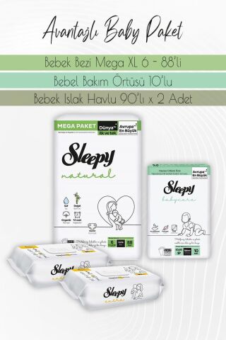 Sleepy Natural Bez 6 (15-25kg) 88 Adet, Bakım Örtüsü 10'lu, Extra Islak  90 Adet x 2 Adet