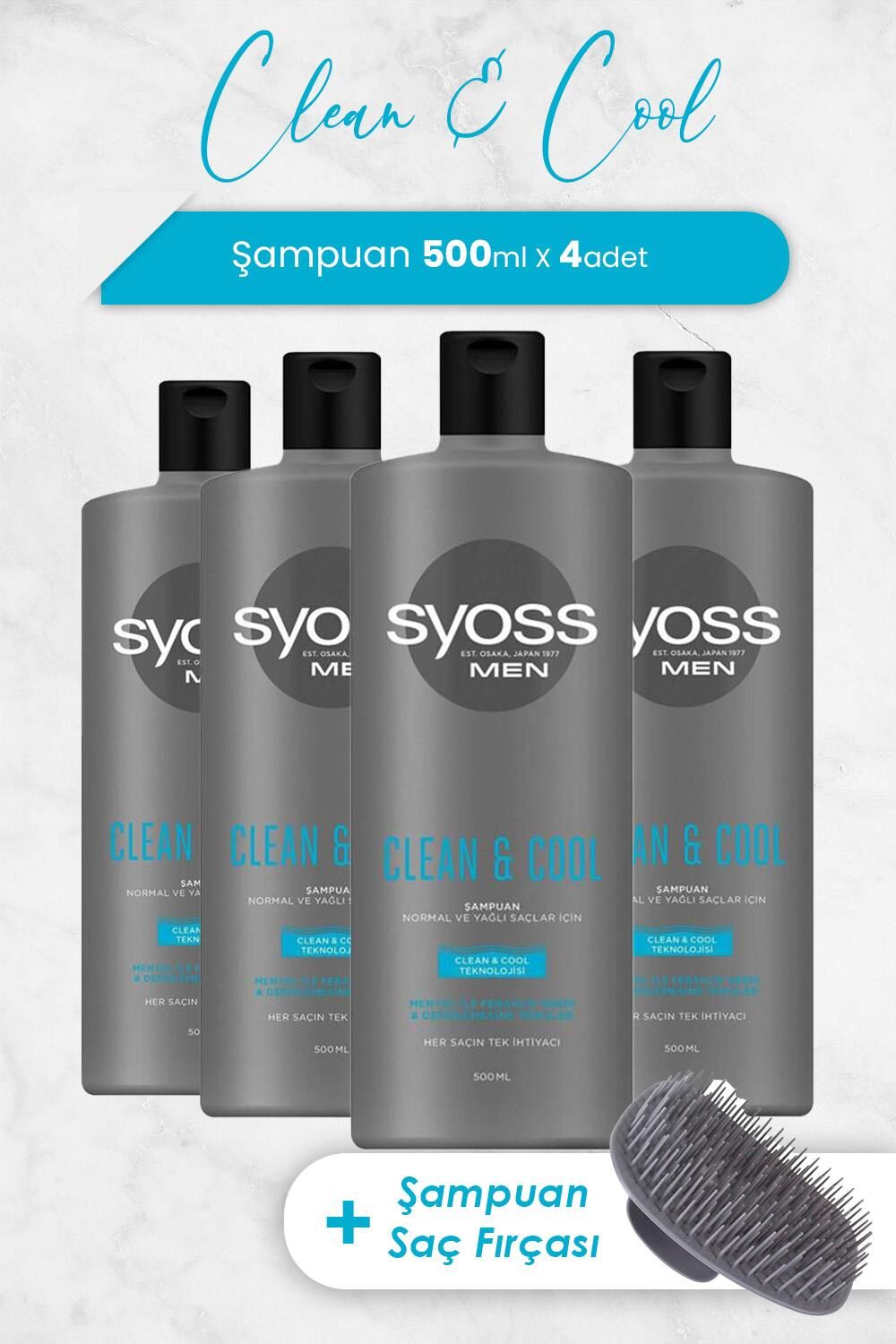 Syoss Men Clean & Cool Şampuan 500 ml x 4 Adet ve Şampuan Fırçası